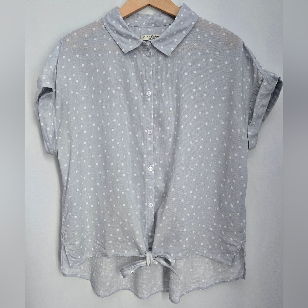 JACHS GIRLFRIEND Gray-Blue Polka Dot Button-Up Blouse